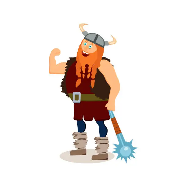 Vector illustration of Viking cartoon character. A muscular fat boastful red-bearded man armed with a mace with spikes. Vector illustration. Flat style.