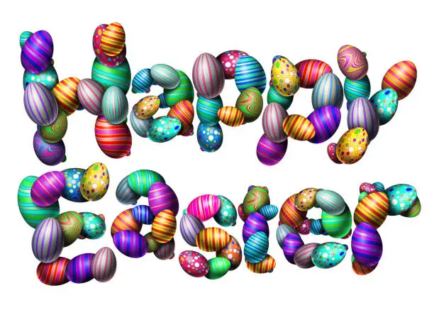 Happy easter text isolated on a white background as a spring celebration with decorated eggs as a 3D illustration.