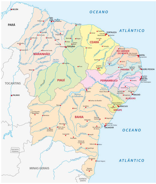 map of the northeast region, brazil map of the northeast region, brazil. northeastern brazil stock illustrations