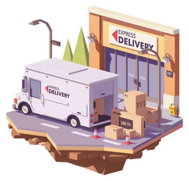 Vector low poly delivery van Vector low poly delivery service multi-stop truck loading with electronics in cardboard boxes in front of express mail crourier delivery office building delivery truck stock illustrations