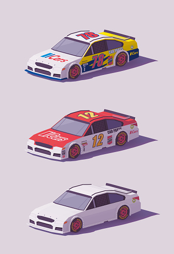 Vector low poly stock car racing cars in different liveries