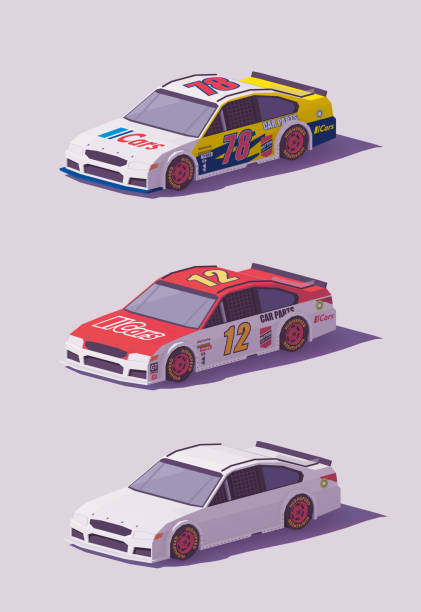 Vector low poly racing cars Vector low poly stock car racing cars in different liveries stock car stock illustrations