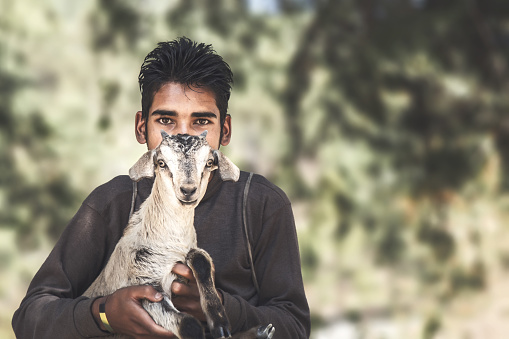 Indian village kid holding baby goat in his arm, looking directly at camera. Head and shoulders, one person, horizontal composition with copy space and selective focus.