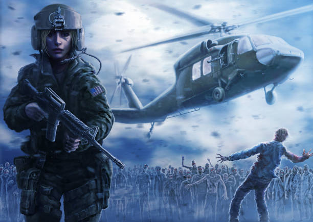 istock Woman pilot with an assault rifle. Blue cold shade. 912233994