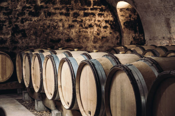 istock Barrels of wine in a wine cellar, an ancient wine cellar with vaulted brick ceilings, winemaking 912235974