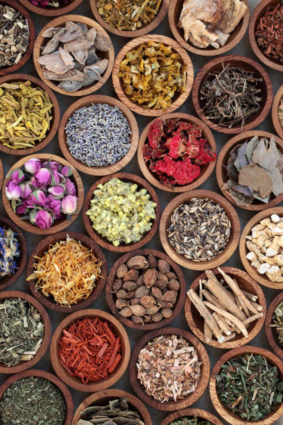 Natural Herbal Medicine Selection Natural herbal medicine selection with a variety of dried herbs and flowers in wooden bowls. Top view. ayurveda stock pictures, royalty-free photos & images