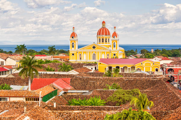 Granada Nicaragua and the Cathedral of Granada Stock photograph of the city of Granada and the landmark Cathedral of Granada in Nicaragua with Lake Nicaragua in the background. nicaragua stock pictures, royalty-free photos & images