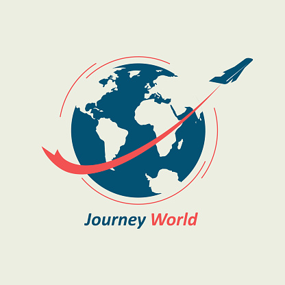 The plane flies around the globe, leaving behind a red line. The symbol symbolizes the travel company.