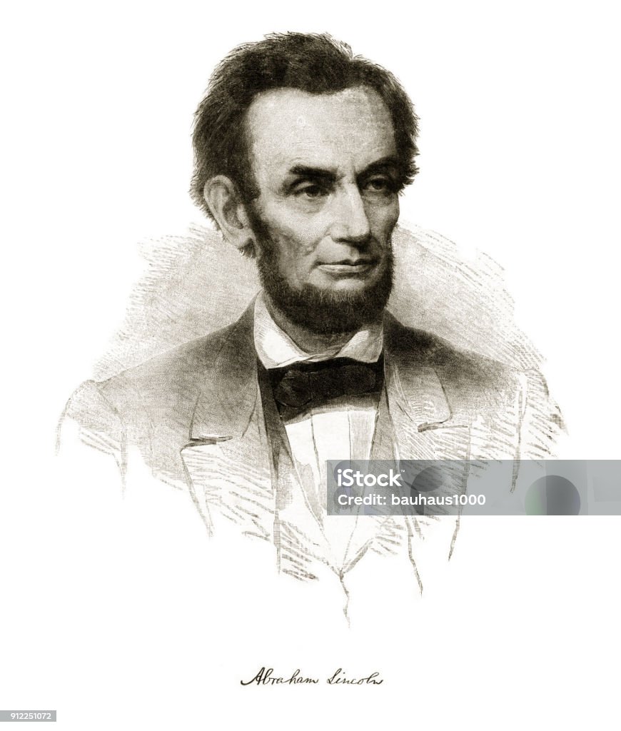 Abraham Lincoln Engraving Engraving of Abraham Lincoln from "Famous Leaders and Battle Scenes of the Civil War," Published in 1864. Copyright has expired on this artwork. Digitally restored. President Lincoln is age 55 at the time of the engraving. Presidents Day stock illustration