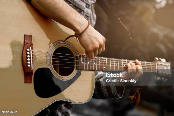 Young Musician Playing Acoustic Guitar Close Up Stock Photo - Download Image Now - Concert, Guitar, Outdoors