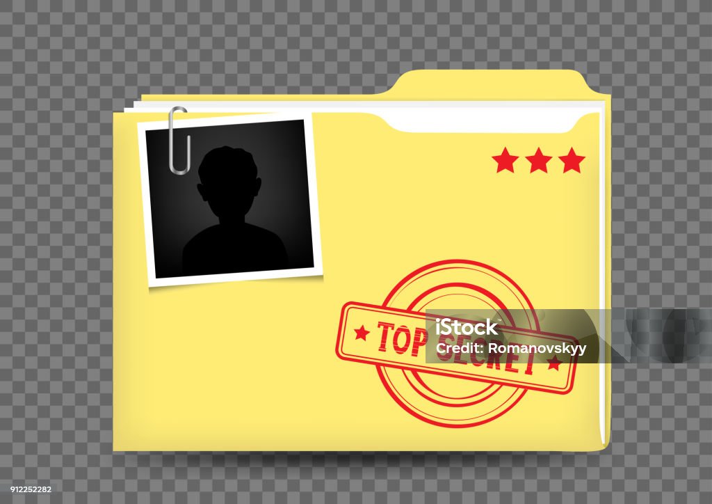 top secret folder on transparent The top secret closed yellow folder correspondence with stamp photo snapshot and shadow on transparent background File Folder stock vector
