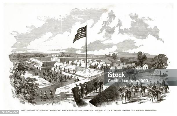 Digging Trenches And Erecting Breastworks At Camp Corcoran On Arlington Heights Virginia Civil War Engraving Stock Illustration - Download Image Now