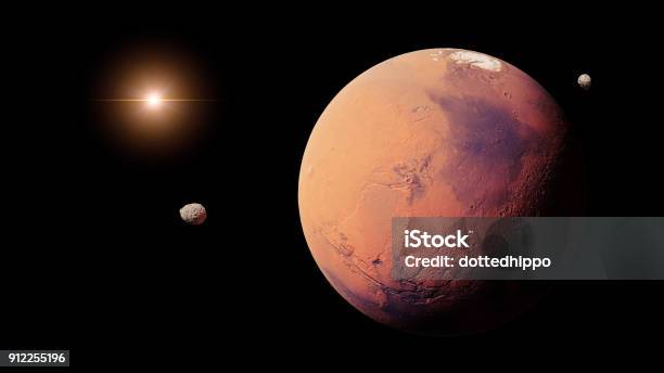 Planet Mars With It Moons Phobos And Deimos Stock Photo - Download Image Now - Mars - Planet, Moon, Solar System