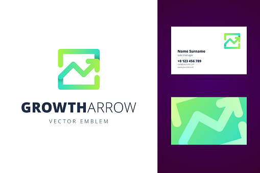 Growing chart sign and business card template. Vector illustration in modern gradient style.