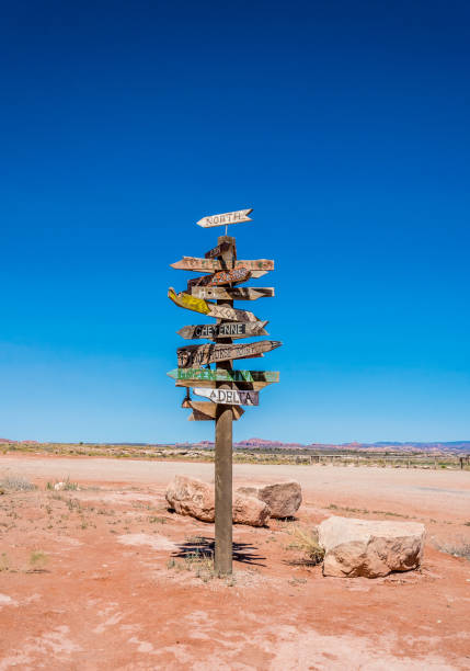Old road tourist signpost in the Moab Desert, Utah, USA. Journey through the Wild West