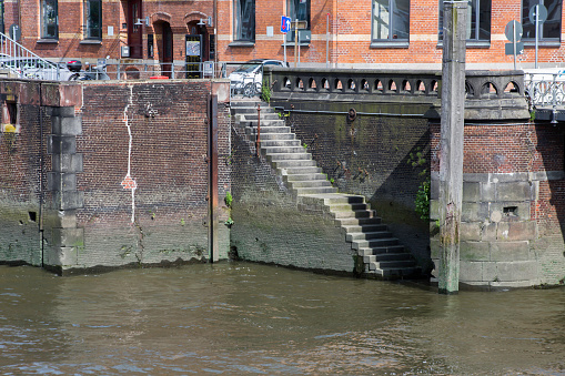 Old stairs to the river of Speicherstadt Hamburg, Germany