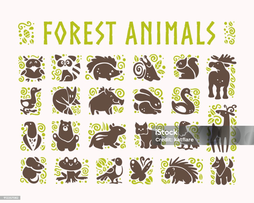 Vector collection of flat cute animal icons isolated on white background. Vector collection of flat cute animal icons isolated on white background. Forest animals and birds symbols. Hand drawn emblems. Perfect for icon design, infographic, prints etc. Logo stock vector
