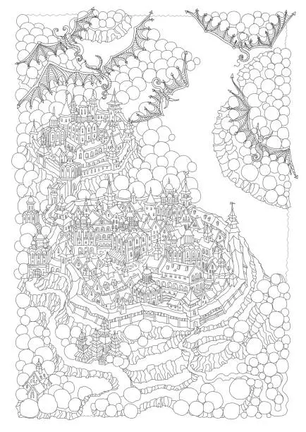 Vector illustration of Vector fairy tale rocky island landscape with castle, houses and flying monsters. Hand drawn black and white doodle sketch. Zen tangle Tee shirt fantasy print. Adults and children coloring book page