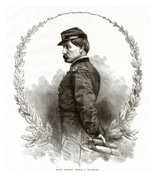 ilustraciones, imágenes clip art, dibujos animados e iconos de stock de general importante george b. mcclellan guerra civil grabado - civil war general engraving men