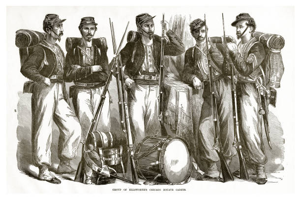 grupa ellsworth's chicago zocave kadetów civil war grawerowanie - confederate soldier stock illustrations