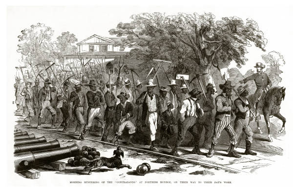 Morning Mustering of the "Contrabands" at Fortress Monroe, on Their Way to Their Day's Work Civil War Engraving Engraving of Morning Mustering of the "Contrabands" at Fortress Monroe, on Their Way to Their Day's Work Civil War Engraving from "Famous Leaders and Battle Scenes of the Civil War," Published in 1864. Copyright has expired on this artwork. Digitally restored. civil war stock illustrations