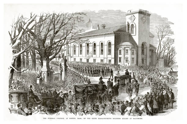 The Funeral Cortege at Boston, Massachusetts of the Soldiers Killed at Baltimore Civil War Engraving Engraving of the The Funeral Cortege at Boston, Massachusetts of the Soldiers Killed at Baltimore Civil War Engraving from "Famous Leaders and Battle Scenes of the Civil War," Published in 1864. Copyright has expired on this artwork. Digitally restored. military funeral stock illustrations