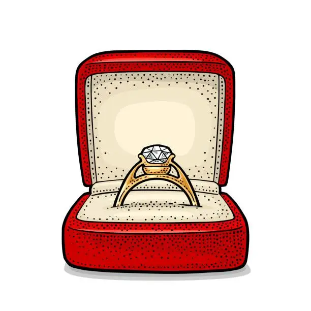 Vector illustration of Wedding ring with diamond in a gift box. Vintage color vector engraving illustration