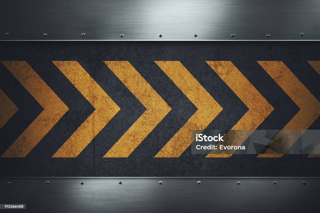 Dirty grungy asphalt surface with yellow warning stripes Black dirty grungy asphalt surface with yellow warning stripes. Polished metal plates with rivets. Place for your text. Metal stock illustration