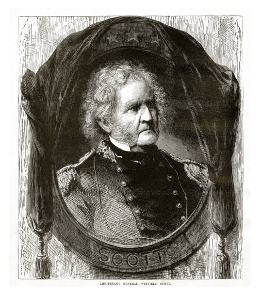 ilustrações, clipart, desenhos animados e ícones de tenente-general winfield scott guerra civil gravura - civil war general engraving men