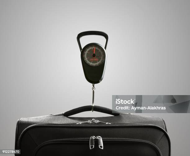 Scales Weighing Suitcase Bag Isolated On Gray Stock Photo