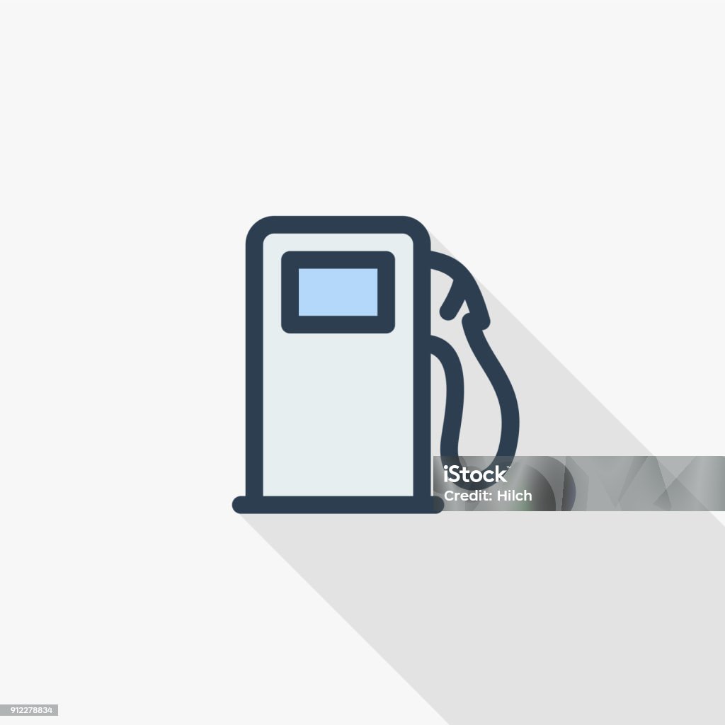 gasoline filling station, column thin line flat color icon. Linear vector symbol. Colorful long shadow design. gasoline filling station, column thin line flat color icon. Linear vector illustration. Pictogram isolated on white background. Colorful long shadow design. Gasoline stock vector