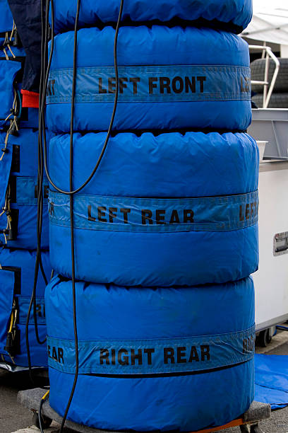 istock Stacks of slick racing tyres 91228377