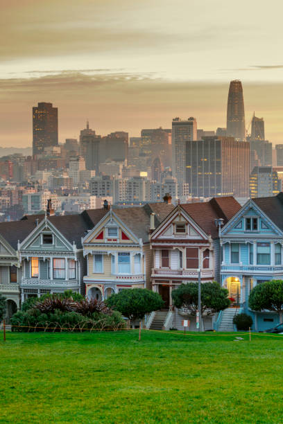 piazza alamo e painted ladies con skyline di san francisco - san francisco county san francisco bay area house painted ladies foto e immagini stock