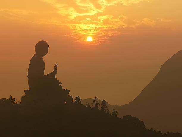 Buddha statue silhouette at sunset  tian tan buddha stock pictures, royalty-free photos & images