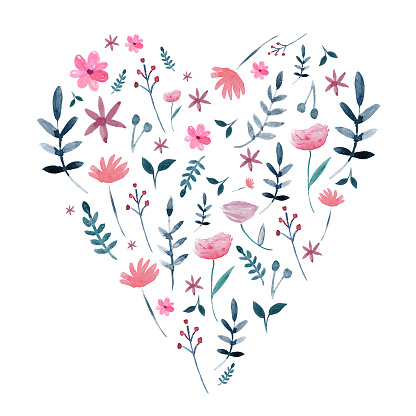 Vector illustration of heart made of watercolor painted plants and flowers on white background.