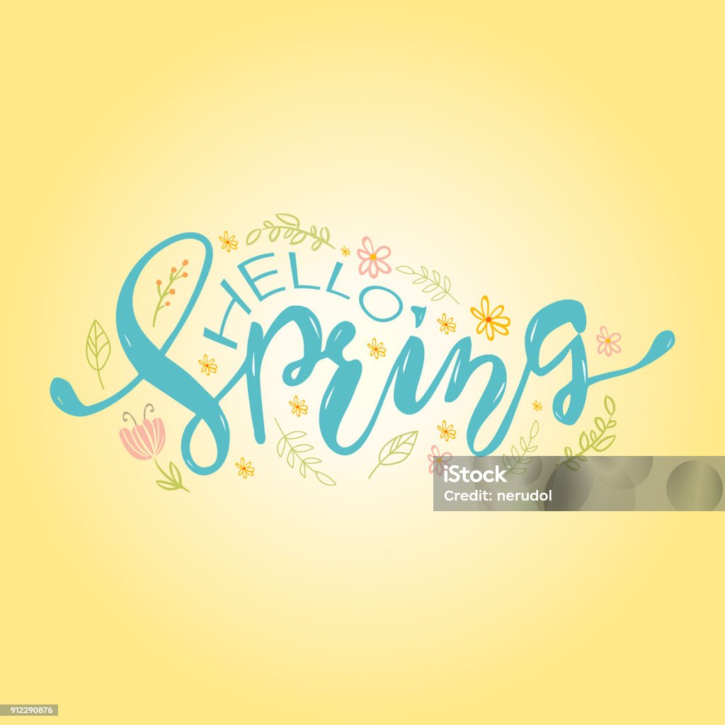 Vector Illustration Of Hello Spring Words In Lettering With Flowers On ...