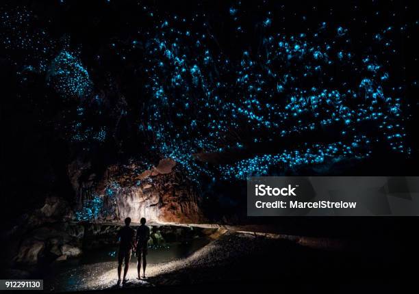Couple Standing Underneath Glow Worm Sky In Waipu Cave New Zealand Stock Photo - Download Image Now