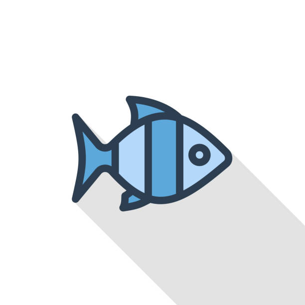 illustrazioni stock, clip art, cartoni animati e icone di tendenza di icona di colore piatto a linea sottile di pesce blu. simbolo vettoriale lineare. design colorato a ombra lunga. - fish tank