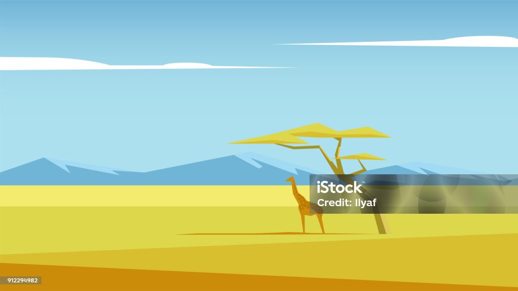 Savannah vector landscape African vector landscape with a giraffe and a tree standing in the middle of savannah and mountains in the distance. Acacia and giraffe in the field of savannah illustration. Nature of Africa. Africa stock vector