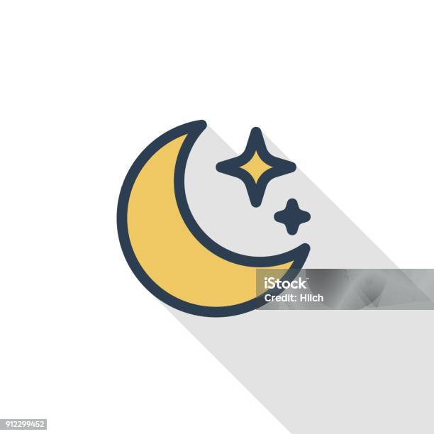 Night Moon And Star Thin Line Flat Color Icon Linear Vector Symbol Colorful Long Shadow Design Stock Illustration - Download Image Now