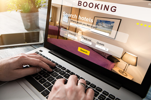 booking hotel travel traveler search business reservation holiday book research plan tourism concept - stock image
