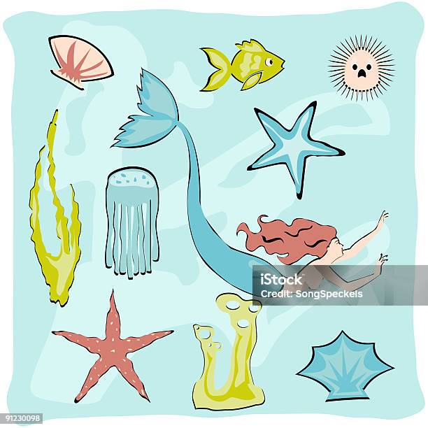 Mermaid Shells Fish And Seaweed Stock Illustration - Download Image Now - Algae, Animal, Animal Fin