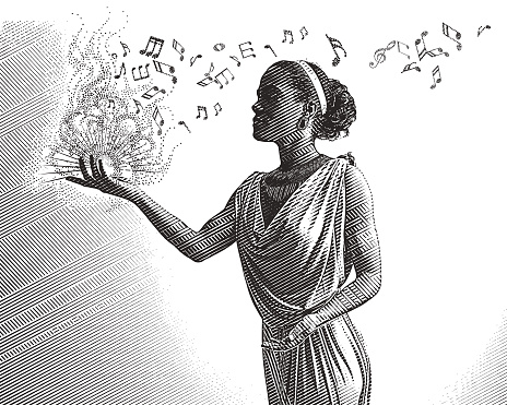 Engraving portrait of a mixed race female musician composing music