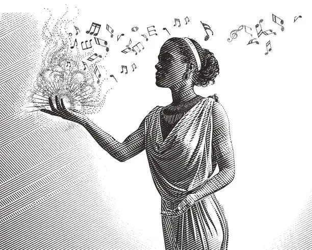 Vector illustration of Engraving portrait of a mixed race female musician composing music