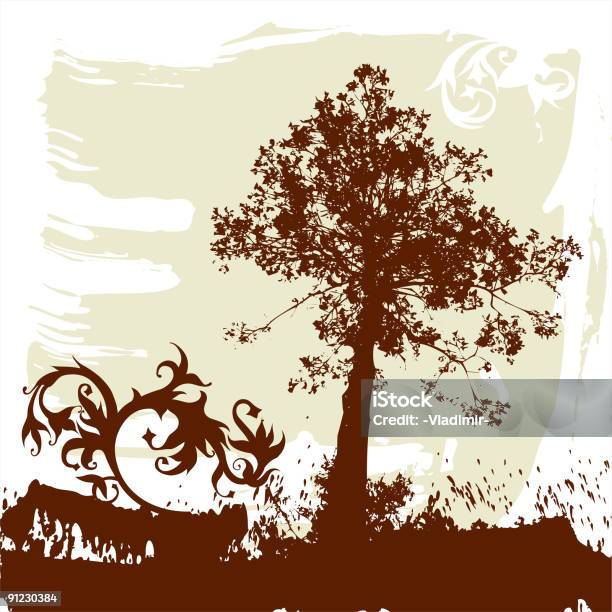 Silhouette Der Baum Auf Grunge Hintergrund Und Kalligrafie Blumenornament Stock Vektor Art und mehr Bilder von Abstrakt