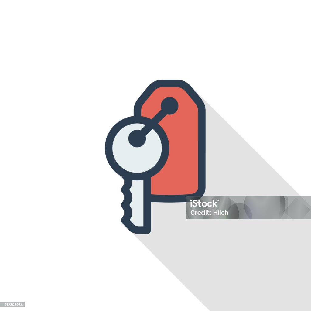 Hotel room key thin line flat color icon. Linear vector symbol. Colorful long shadow design. Hotel room key thin line flat color icon. Linear vector illustration. Pictogram isolated on white background. Colorful long shadow design. Key stock vector