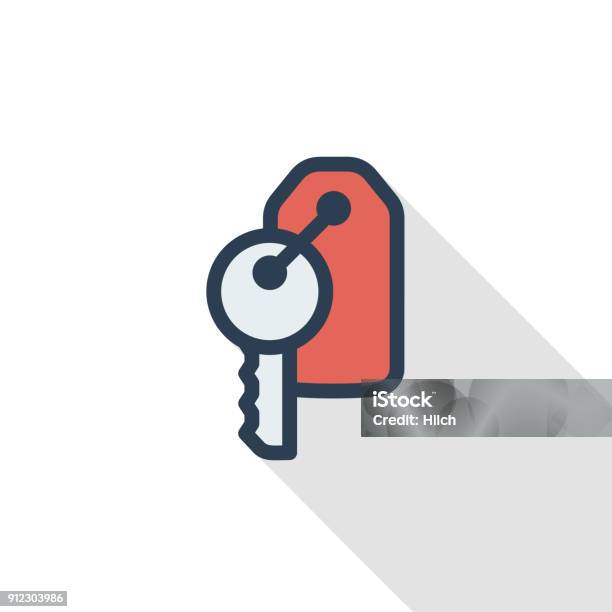 Hotel Room Key Thin Line Flat Color Icon Linear Vector Symbol Colorful Long Shadow Design Stock Illustration - Download Image Now
