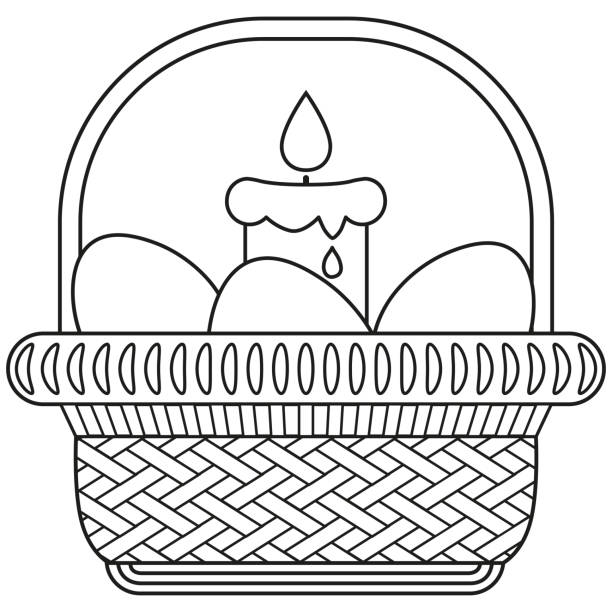 ilustraciones, imágenes clip art, dibujos animados e iconos de stock de línea arte blanco y negro huevo de pascua vela mimbre cesta icono cartel. - picnic basket christianity holiday easter