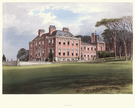 Vintage engraving of Pynes House a Queen Anne style country house built by Hugh Stafford between around 1700 and 1725, situated in the parish of Upton Pyne, Devon. A Series of Picturesque Views of Seats of the Noblemen and Gentlemen of Great Britain and Ireland