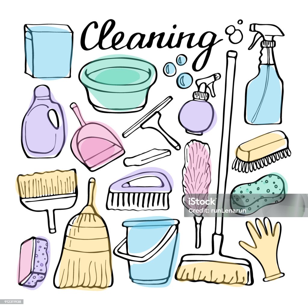 Cleaning tools doodle vector set Cleaning tools doodle vector set. Hand-drawn cartoon collection of house cleaning stuff. Doodle drawing. Vector illustration Cleaning stock vector